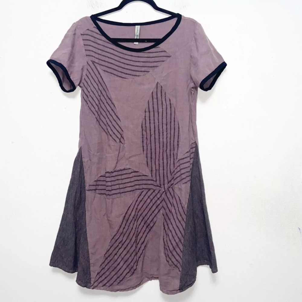 Cynthia Ashby Purple Black Short Sleeve Linen Dress Womens Size XS